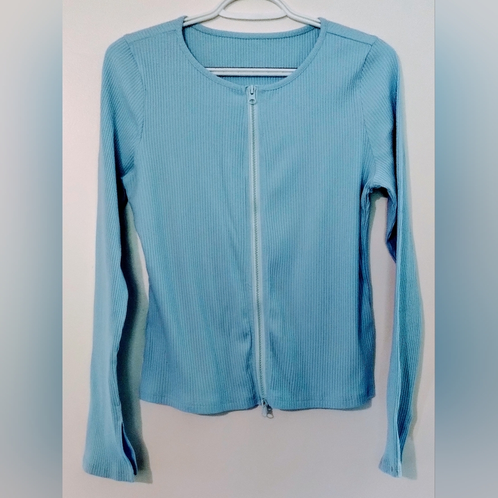 Sky Blue Ribbed Zip-Up Top